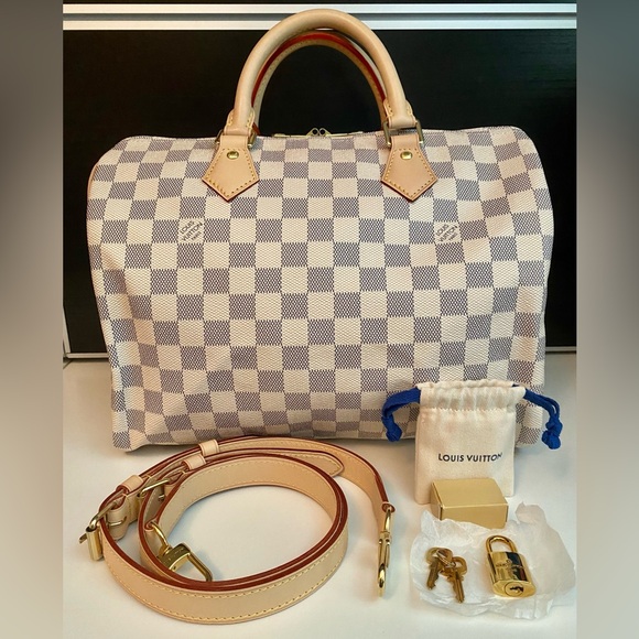 ❌SOLD❌Louis Vuitton Speedy 30 Bandouliere Damier Azur White Crossbody Bag *Mint - Picture 1 of 15